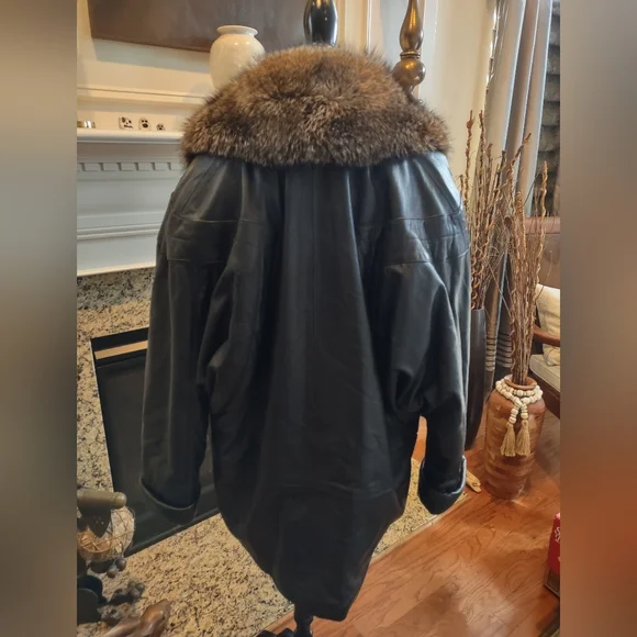 Vera Pelle Black Genuine Black Leather 3/4 Coat Fur Trim Made In Italy L - XL 14 - Picture 2 of 13